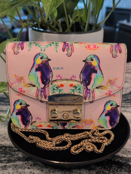 Furla Handbags - Furla Pink Watercolor Bird Mini Crossbody with Gold Chain